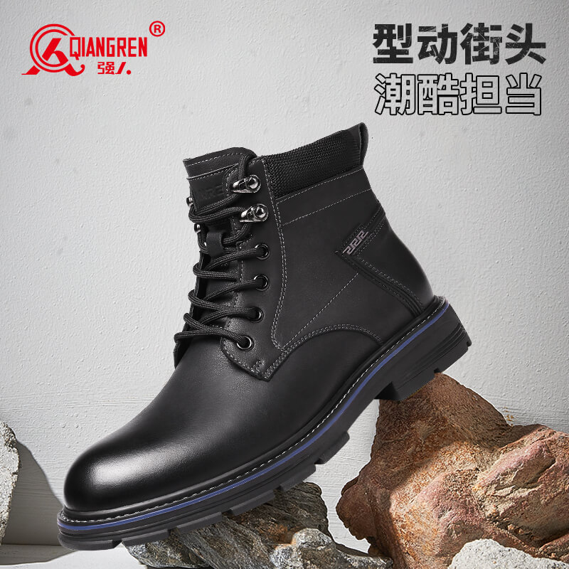 強(qiáng)人3515男靴馬丁靴休閑百搭高幫鞋牛皮短靴英倫真皮靴子工裝靴潮 13073 黑色/棕色